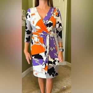 Orange, purple and cream 3/4 length sleeve dress